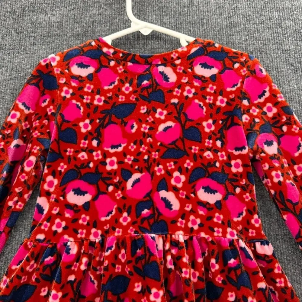 Cat & jack Girls Floral Velour Dress Size 5T Burnt Orange Pink Bow Pockets